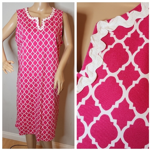 NWT Talbots Pink Quatrefoil Sleeveless shift dress soft cotton size Large pocket - Picture 1 of 12